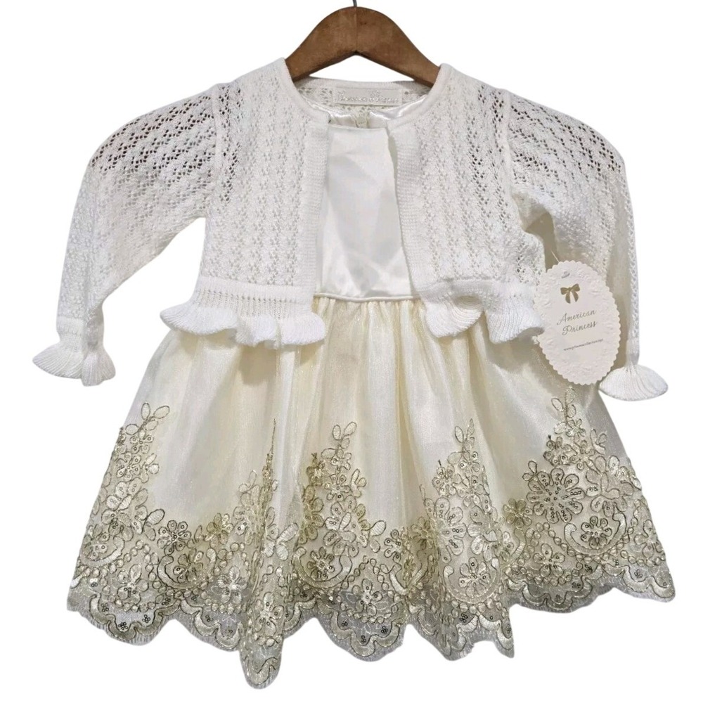 NWT American Princess Ivory Gold Holiday Jacquard Dress Tulle Sweater 24m